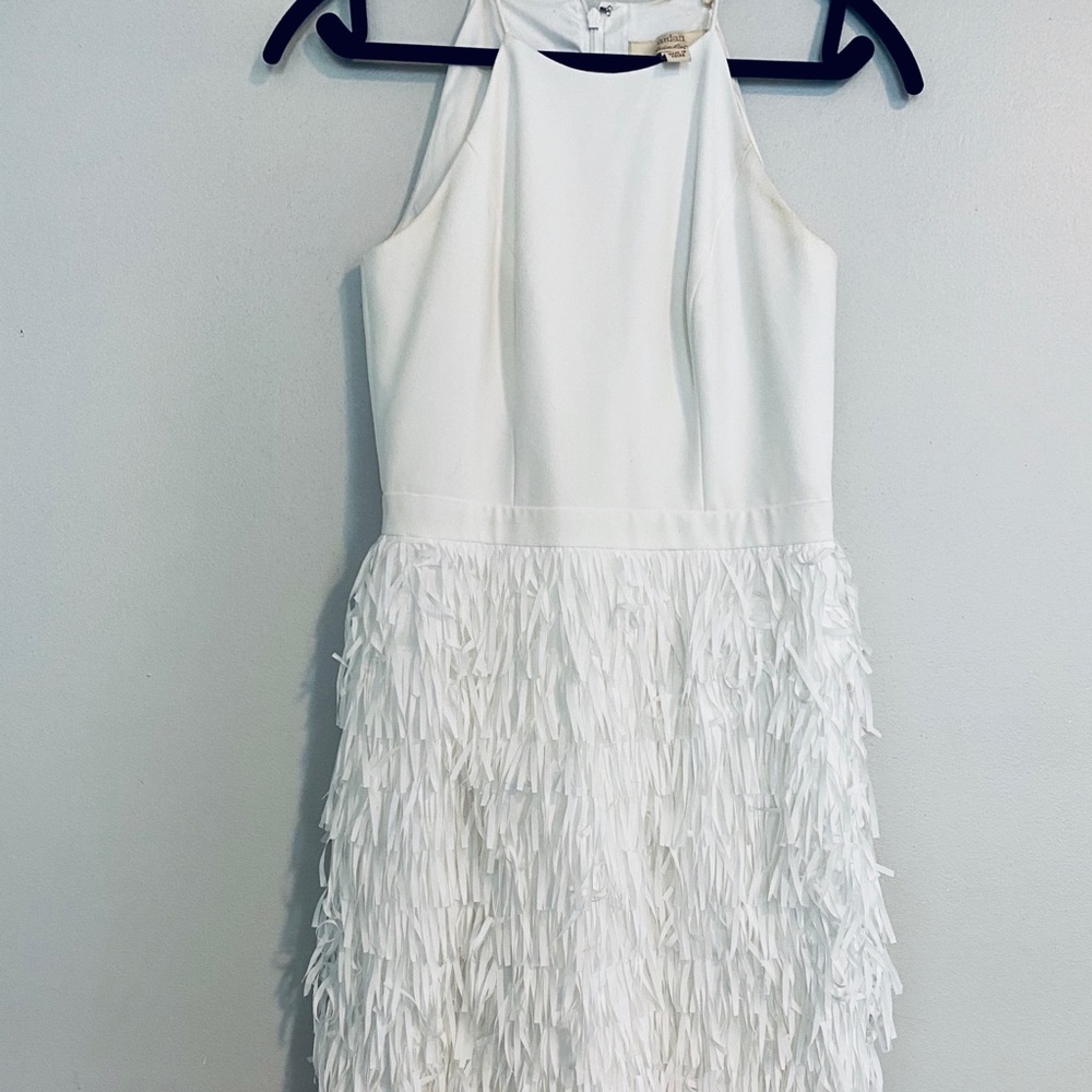 aidan mattox white fringed dress